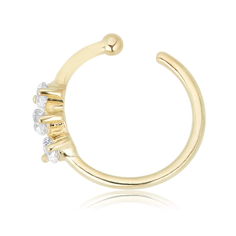 AVORA 14K Yellow Gold Three-Stone Simulated Diamond CZ Nose Ring Hoop (20 Gauge) - 5/16" - Image 2